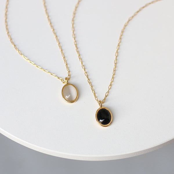 Black And White Opal Velour Sheen Oval Vintage Necklace With Collarbone Chain