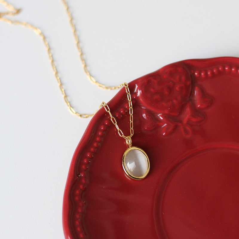 Black And White Opal Velour Sheen Oval Vintage Necklace With Collarbone Chain
