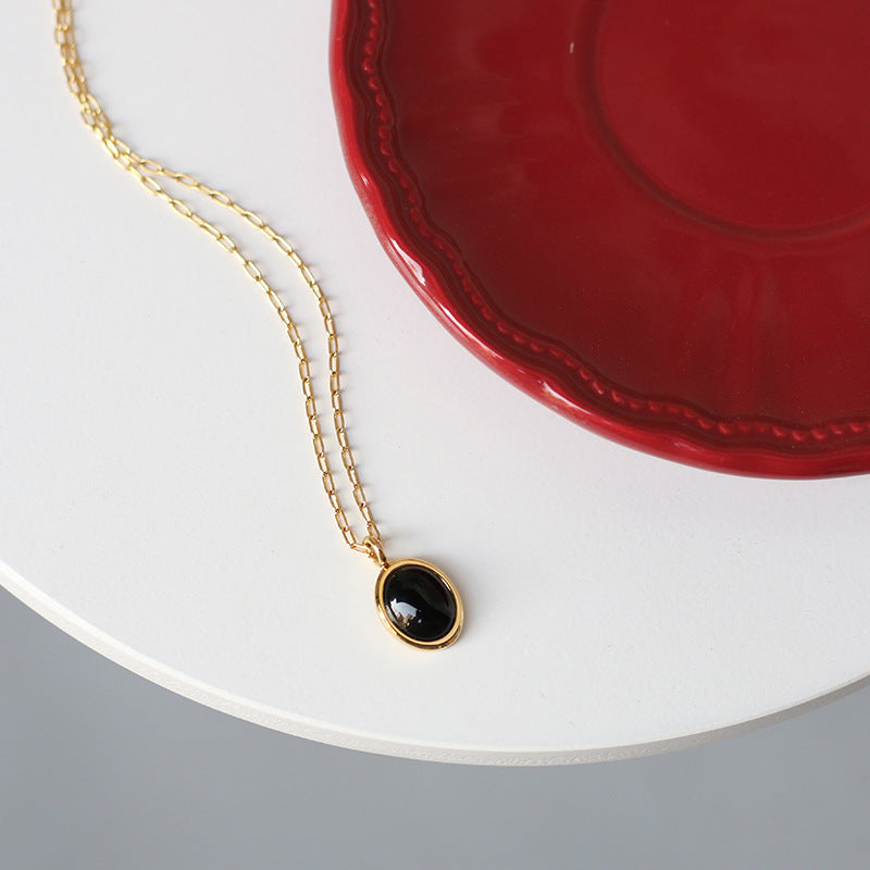 Black And White Opal Velour Sheen Oval Vintage Necklace With Collarbone Chain