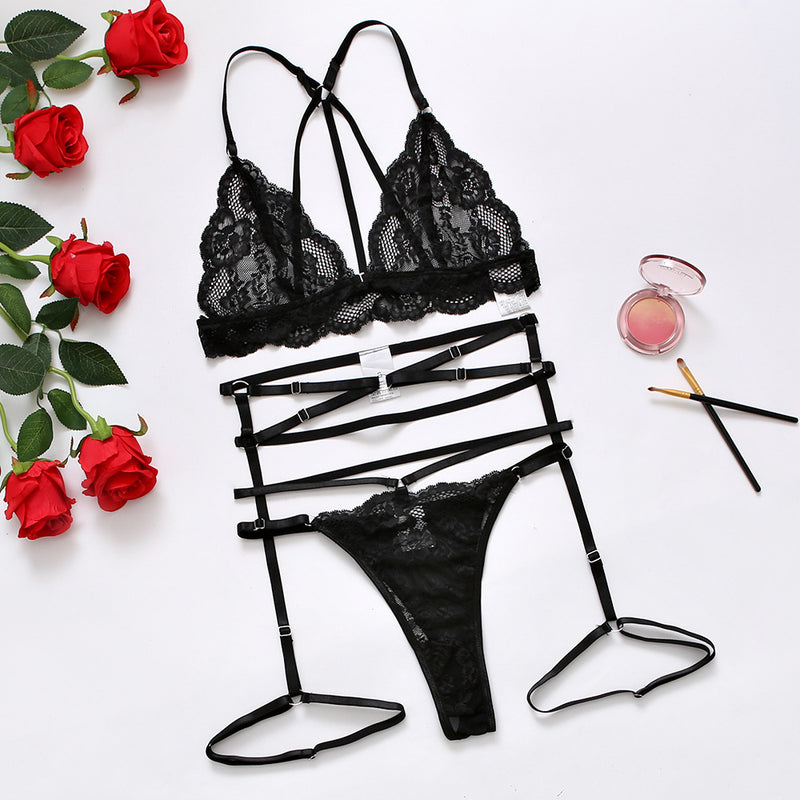 Midnight Black Lace Underwear Three-piece Suit